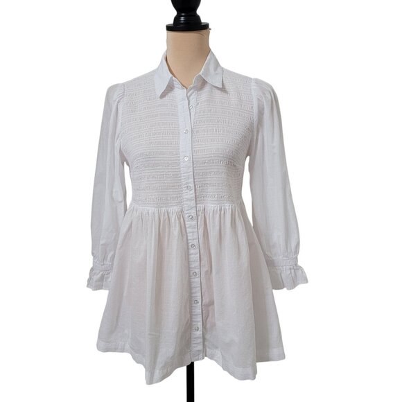 Cato Size S White Smocked Bodice Babydoll Blouse, Long Sleeve with Ruffle Cuffs - Picture 1 of 12